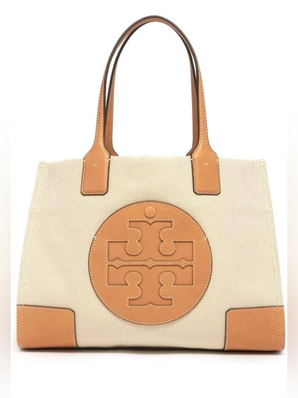 Tory Burch Cream Canvas Tote with Tan Leather Trim medium